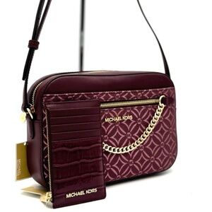 Michael Kors Large EW Crossbody Bag & Travel TZ Card Case Wallet Ox Blood Multi